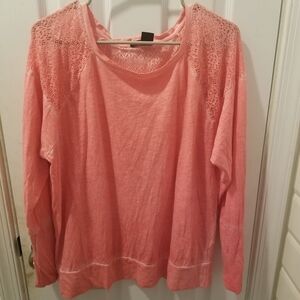 DKNY Light Coral Lace Shoulder Long Sleeve Blouse